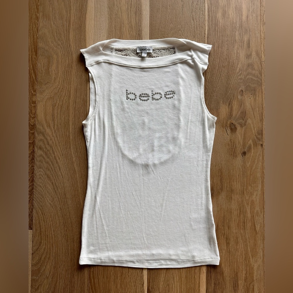 Bebe top sleeveless  ribbed rhinestones white mesh back size L vintage